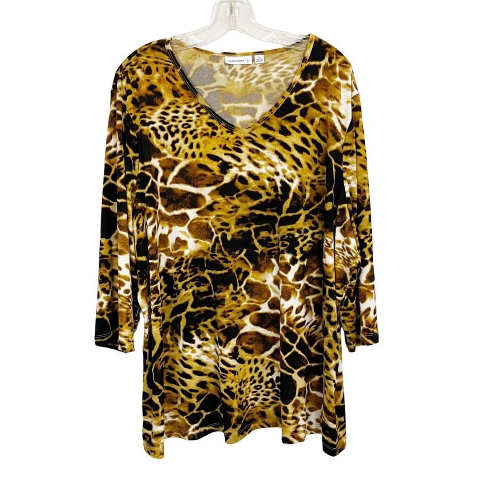 Susan Graver Liquid Knit Brown Animal Print‎ V-Neck Top Artsy - Size 3X
